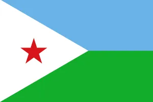 Drapeau de Djibouti, étoile rouge sur triangle blanc, bandes bleue et verte.